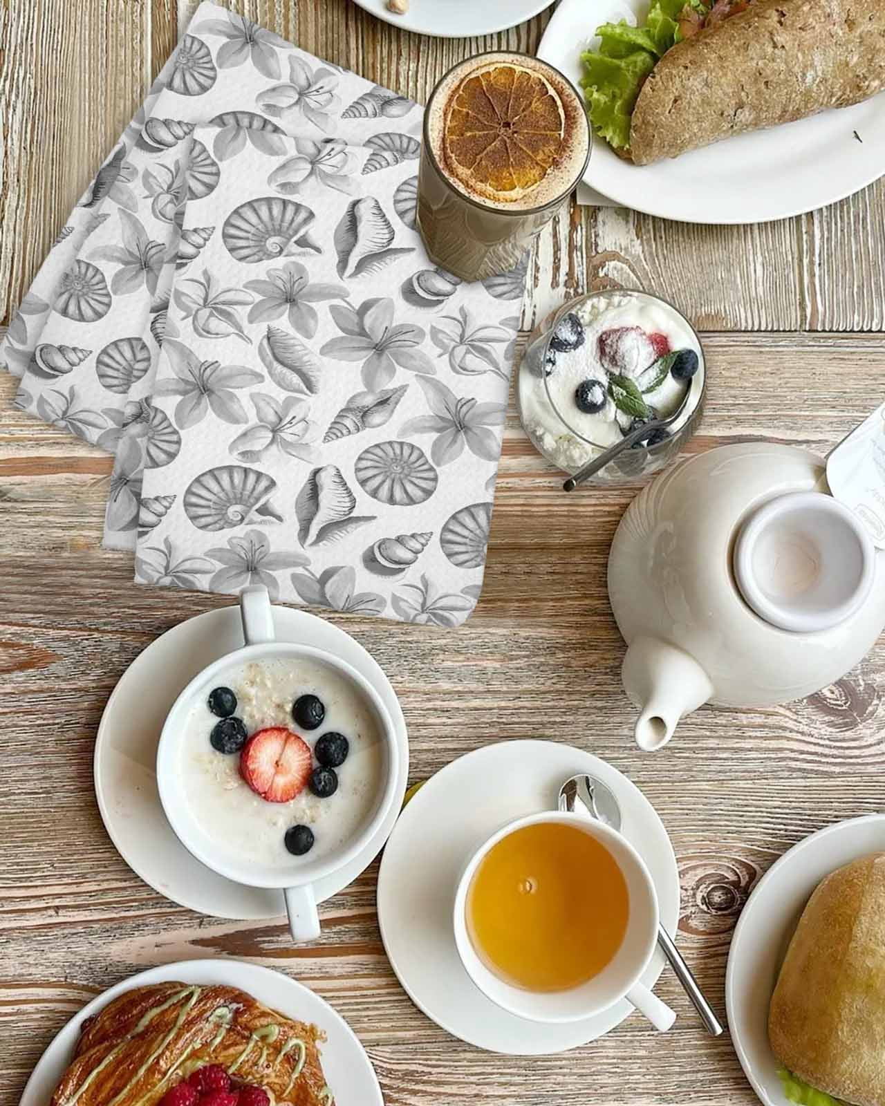 Grey Coastal Kitchen Dish Towels for Drying Dishes Set of 2, Shell Floral Ocean Retro Waffle Weave Microfiber Terry Hand Tea Bathroom Towels Quick Dry & Absorbent Towel 15.7x23.6