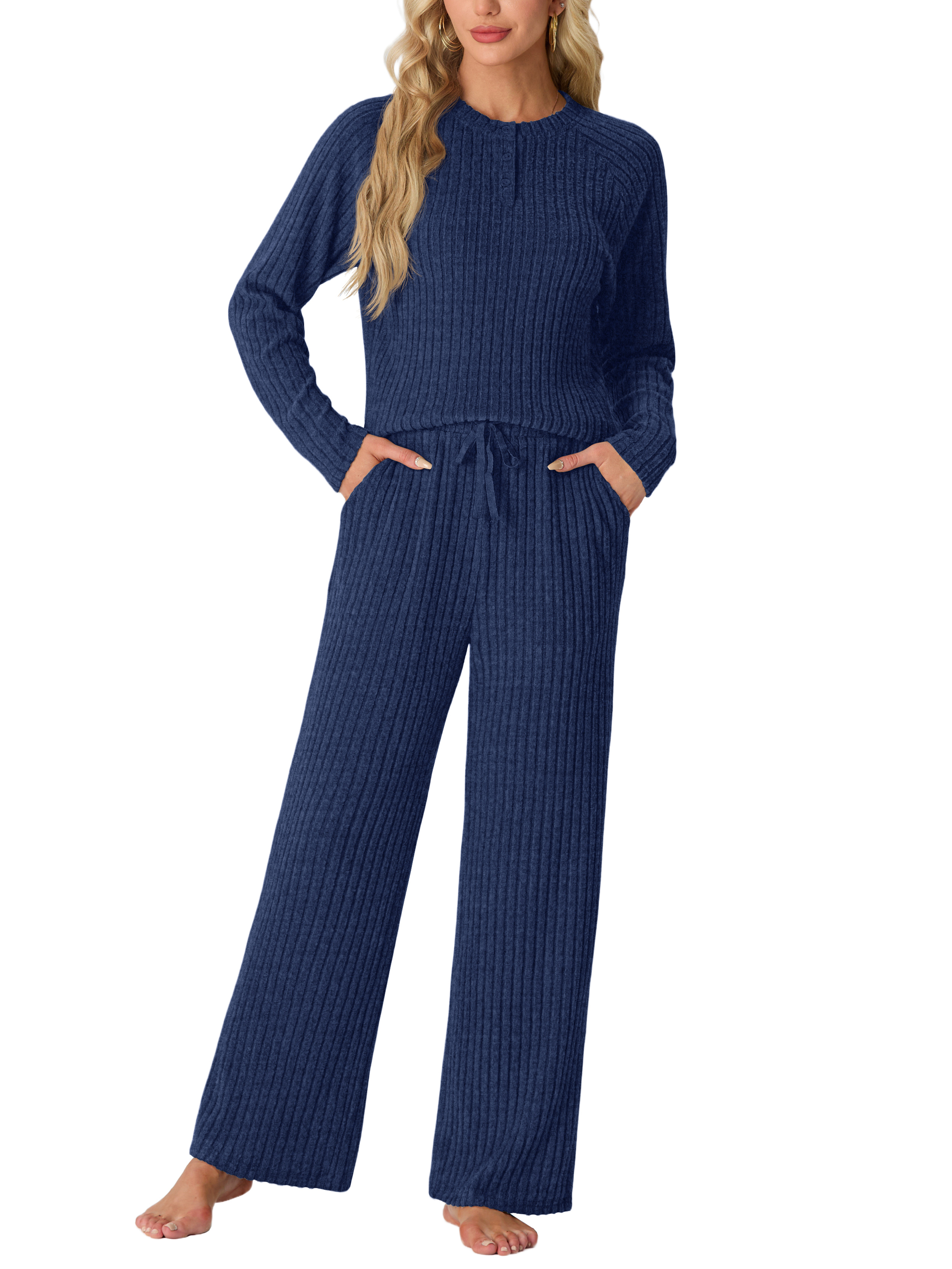 MINTREUS Women's Ribbed Knit Pajama Set Long Sleeve