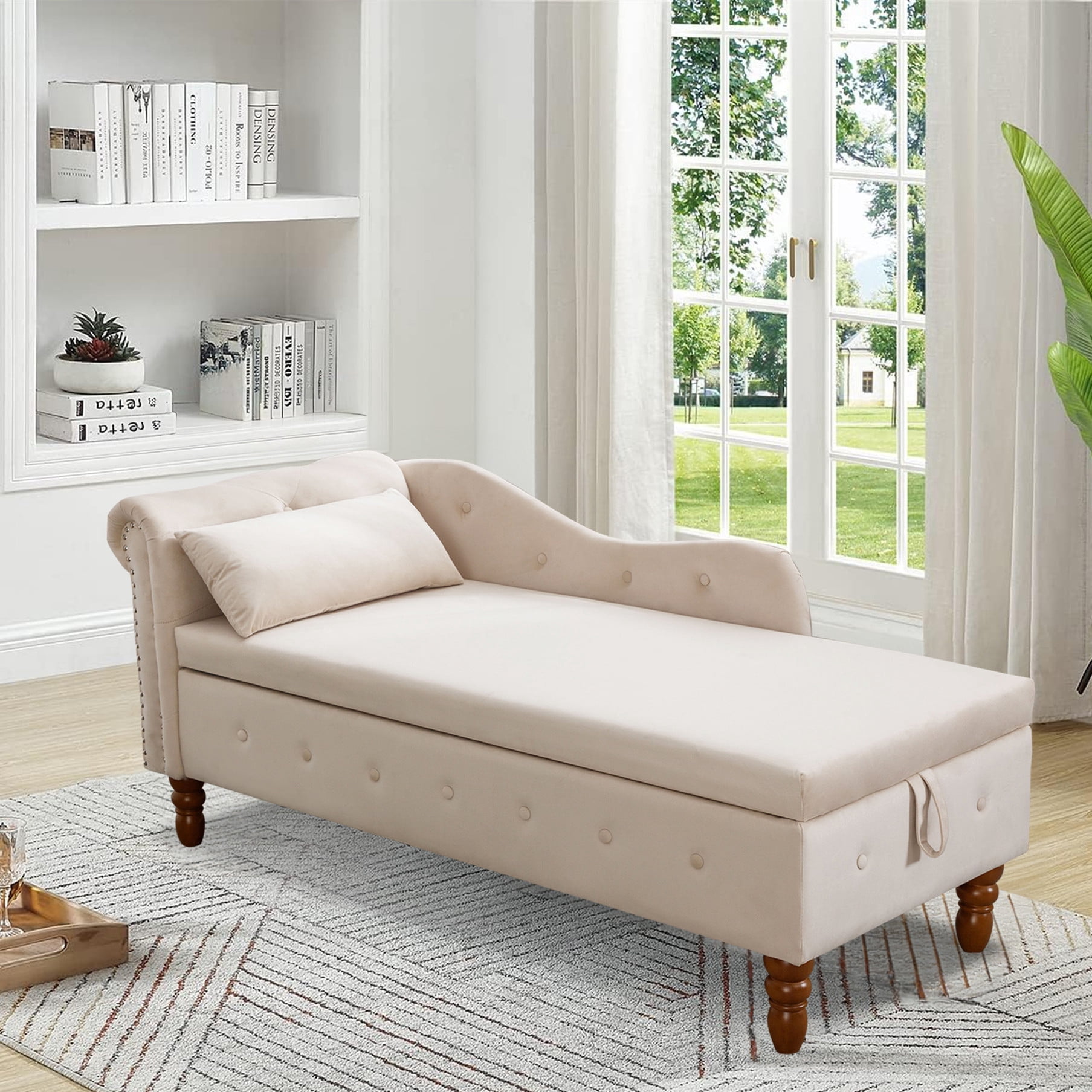 Aukfa Storage Chaise Lounge Chair Indoor Recliner Lounge Chair for Living Room Bedroom,Pillow - Beige