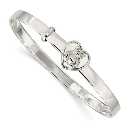 Sterling Silver 5.5in Polished Teddy Bear Heart CZ Kids 4mm Adjustable Bangle Bracelet