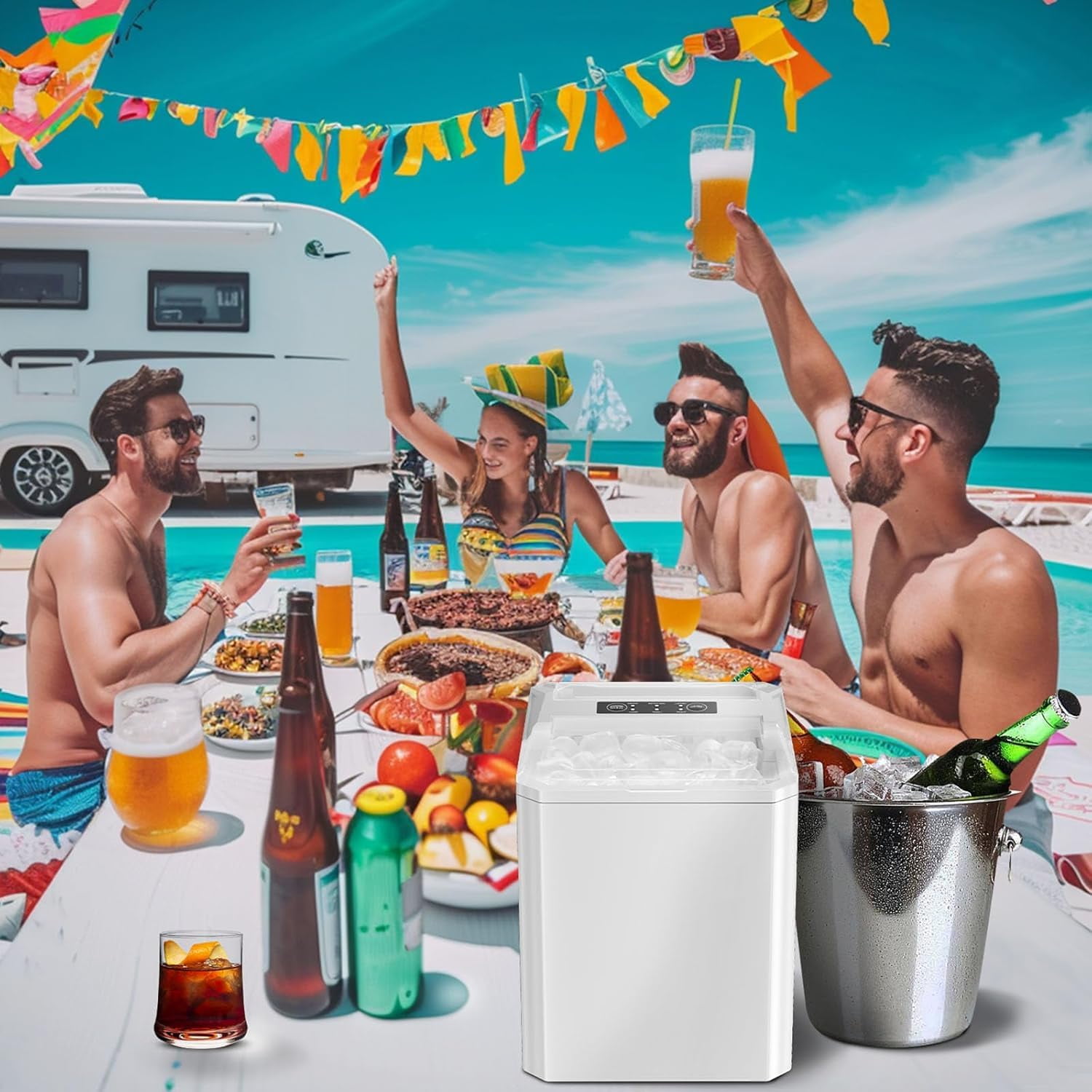 Simenmax Ice Maker, Portable Countertop Icemaker Machine, Self Cleaning Quiet 2 Sizes Bullet Cubes Makers, 9 Cubes in 6 Mins, 26lbs/24Hrs with Ice Scoop, Basket for Home Kitchen Party,White