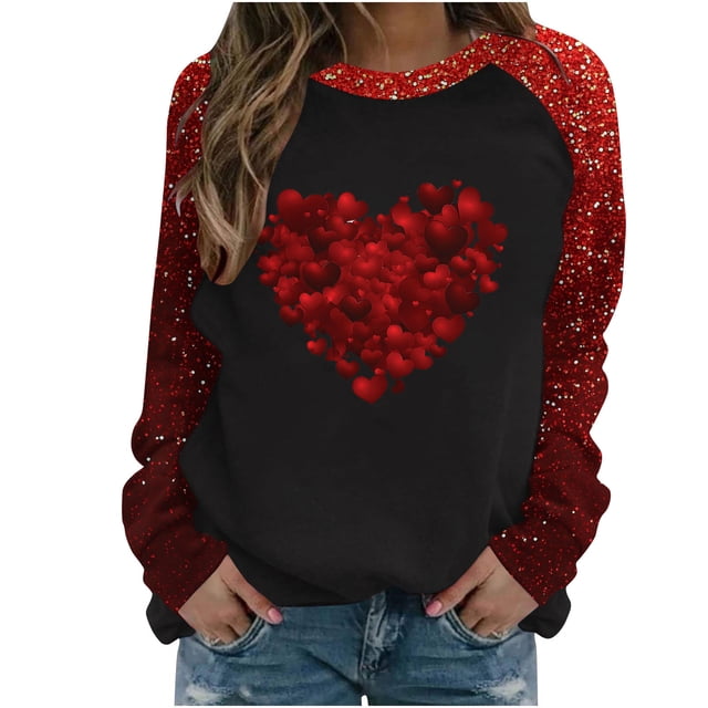 Penkiiy Hauts de Mode à Manches Longues pour Femmes, Col Rond Mignon, Blouse Tendance, Saint-Valentin 2025, Grande Taille, Imprimé Cœur d'Amour, S Rouge