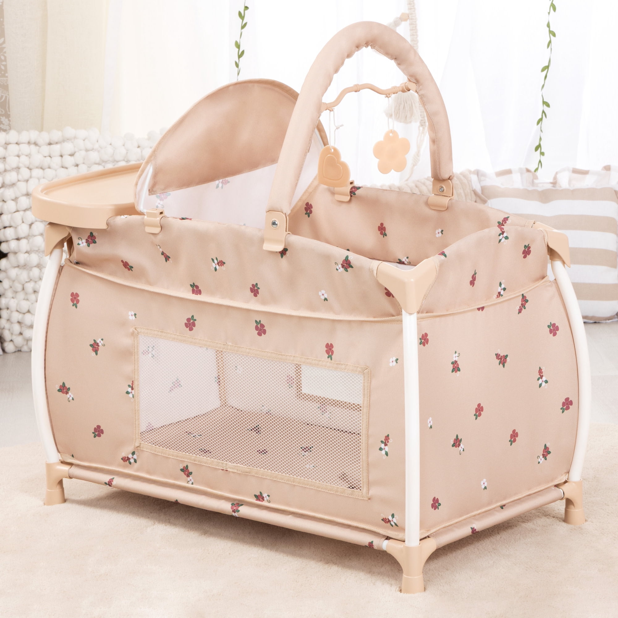 Bayer Design: Doll Multi-Bed - Beige & Flowers - Sleep Playpen, Built-In Feeding Highchair, Pillow-Blanket-Mobile, Care Center Fits 18" Dolls, Kids 3+