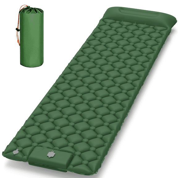 Camping Sleeping Pad with Pillow, Built-in Foot Pump, Ultralight Inflatable Camping Mat for Backpacking, Hiking, Traveling, Single, Green