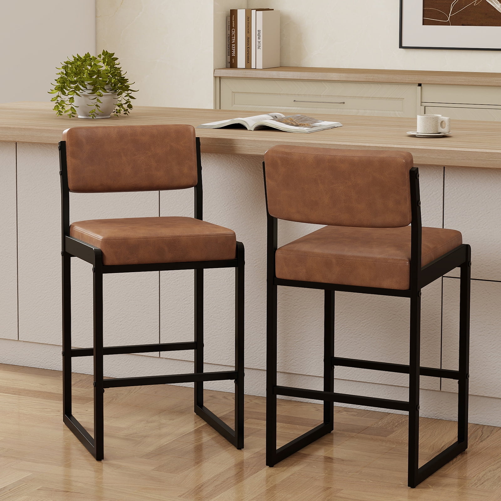 MultiHaven 26" Counter Height Bar Stools Set of 2,Modern Upholstered Stool with Thick Back & Seat for Kitchen Island,Bar,Cafe - Dark Brown PU