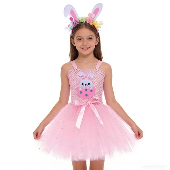 HAYIMI Child Easter Bunny Tutu Dress For Girls Party Performance Role Play Stage Leisure Special Occasion Back To School Swing Flowy Kids Sundress