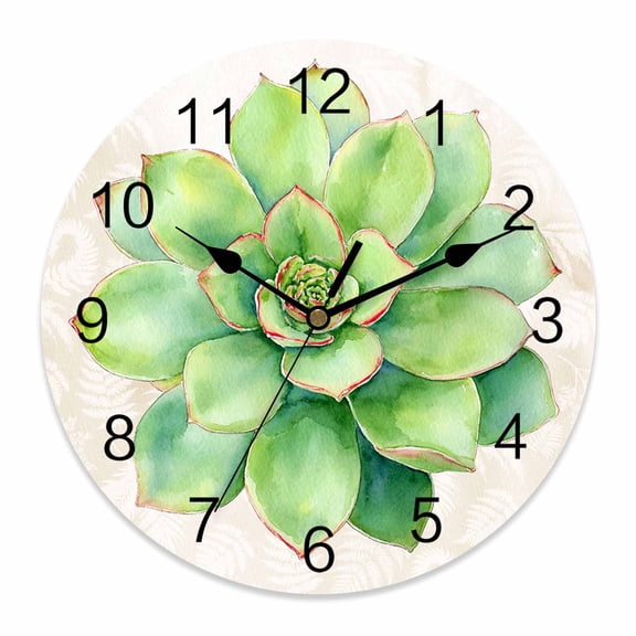 Wall Clock Green Succulent Clocks PVC Silent Non-Ticking Battery Operated Decorative Green Leaves Plants Round Clock for Home Living Room Kitchen Bedroom Office School Wall Decor 10 Inch