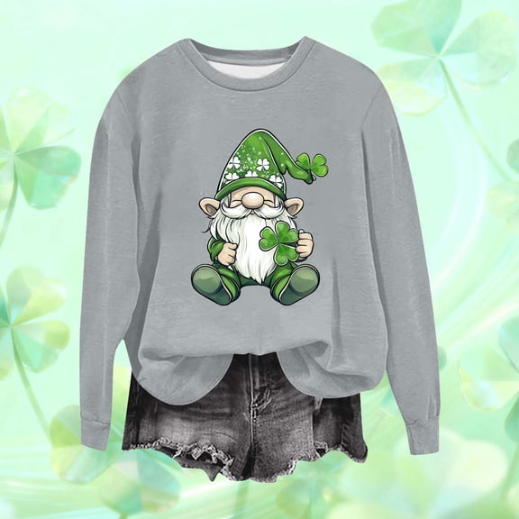 St. Patrick's Day Hoodie for Women Graphic Gnome Shamrock Print Crewneck Long Sleeve Soft Warm Fleece Lining Festive Holiday Gift Pullover