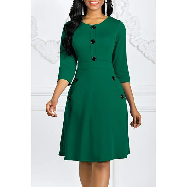 Women Casual Midi Dress 3/4 Sleeve Empire Waist Loose Dress Solid Color