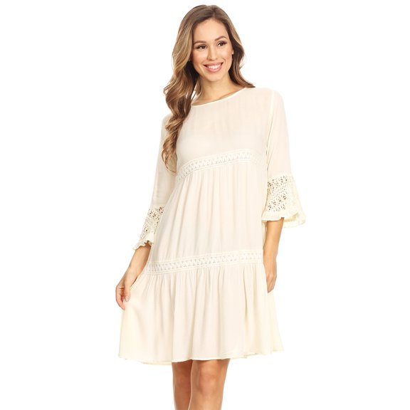 Women's Casual Semi Sheer Bohemian Crochet Lace Bell Sleeve Flowy Mini Dress