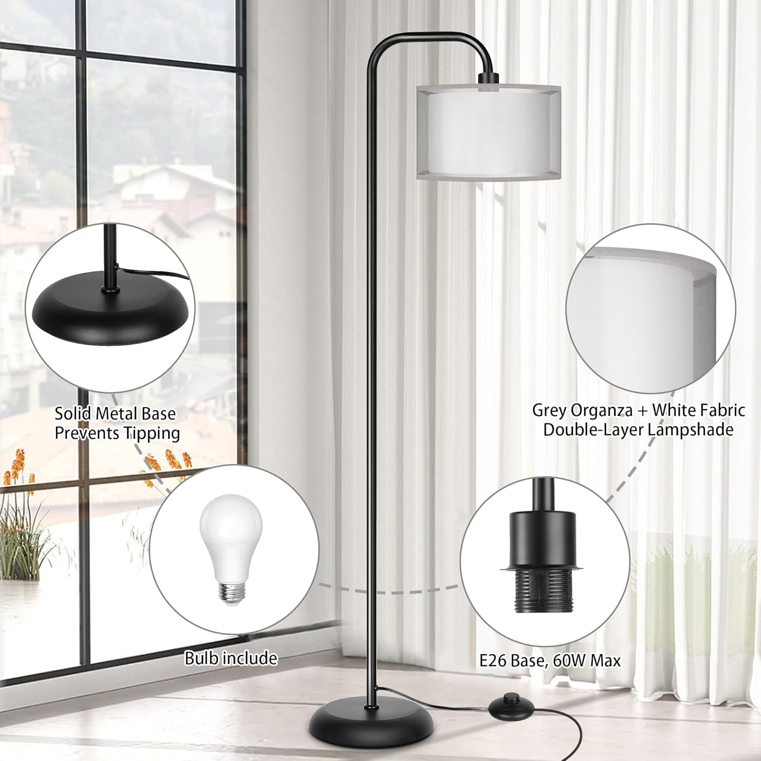 PARTPHONER LED Floor Lamp for Living Room, Modern Standing Lamp with Foot Switch Grey Organza Fabric Shade Tall Pole Reading Lamp for Bedroom Study Room Office, 9W Bulb Included