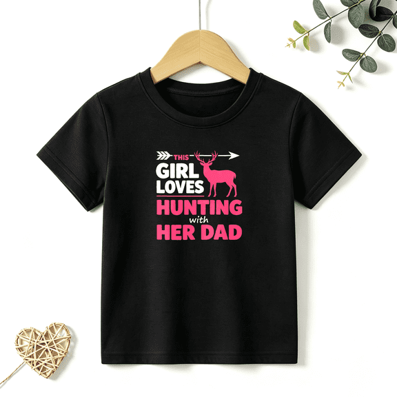 Girls Graphic Tees Hunting With Dad Deer Kids T Shirt Outdoor Fun 100% Cotton Short Sleeve Soft Tops 4-13Y