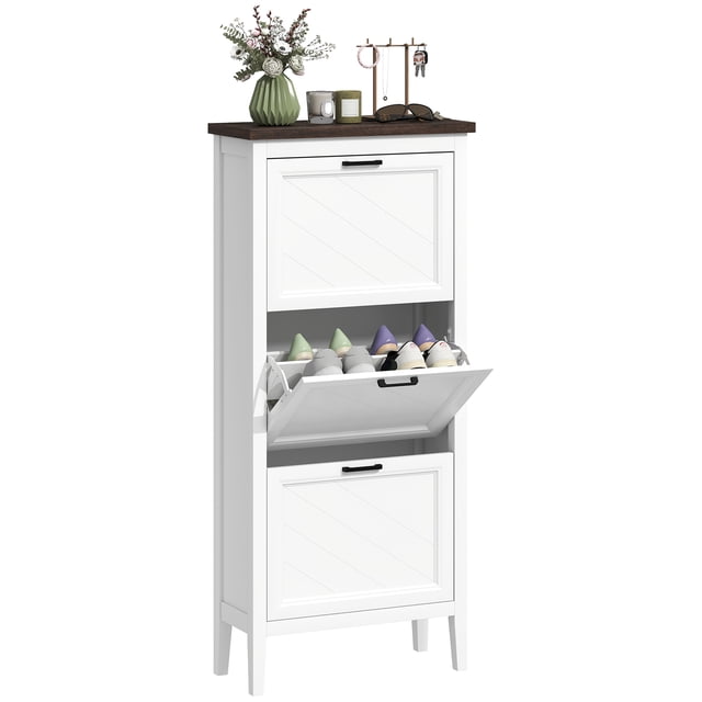 HOMCOM Armoire à Chaussures avec 3 Tiroirs Basculants, Armoire de Rangement pour Chaussures Étroite, Blanc