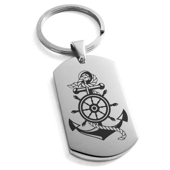 Stainless Steel Nautical Ship Helm & Anchor Engraved Dog Tag Keychain Keyring