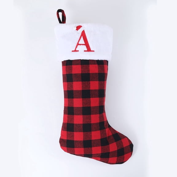 20" Personalized Christmas Stocking with Plush Cuff, Soft Velvet & Black Red Buffalo Plaid, Embroidered Initial Monogram Letter Xmas Stocking for Family Fireplace Decor