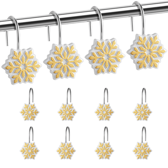 12PCS Christmas Shower Curtain Hooks,White and Gold Snowflakes Decorative Shower Rings,Resin,Christmas Decor,Winter Bathroom Living Room Decoration