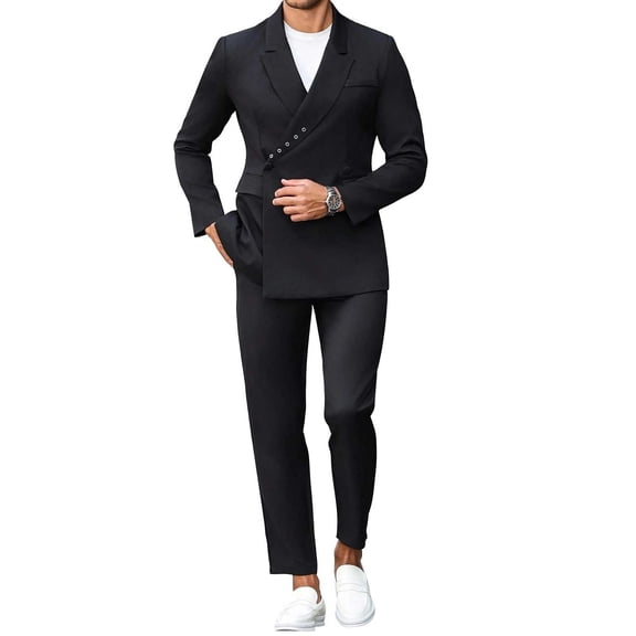 LEKWK Black Suits for Men Cropped Double Breasted 2 Piece Suit Slim Fit Blazer and Trousers Set Buttons Formal Business Tuxedo Jackets Party Wedding Evening Outfits