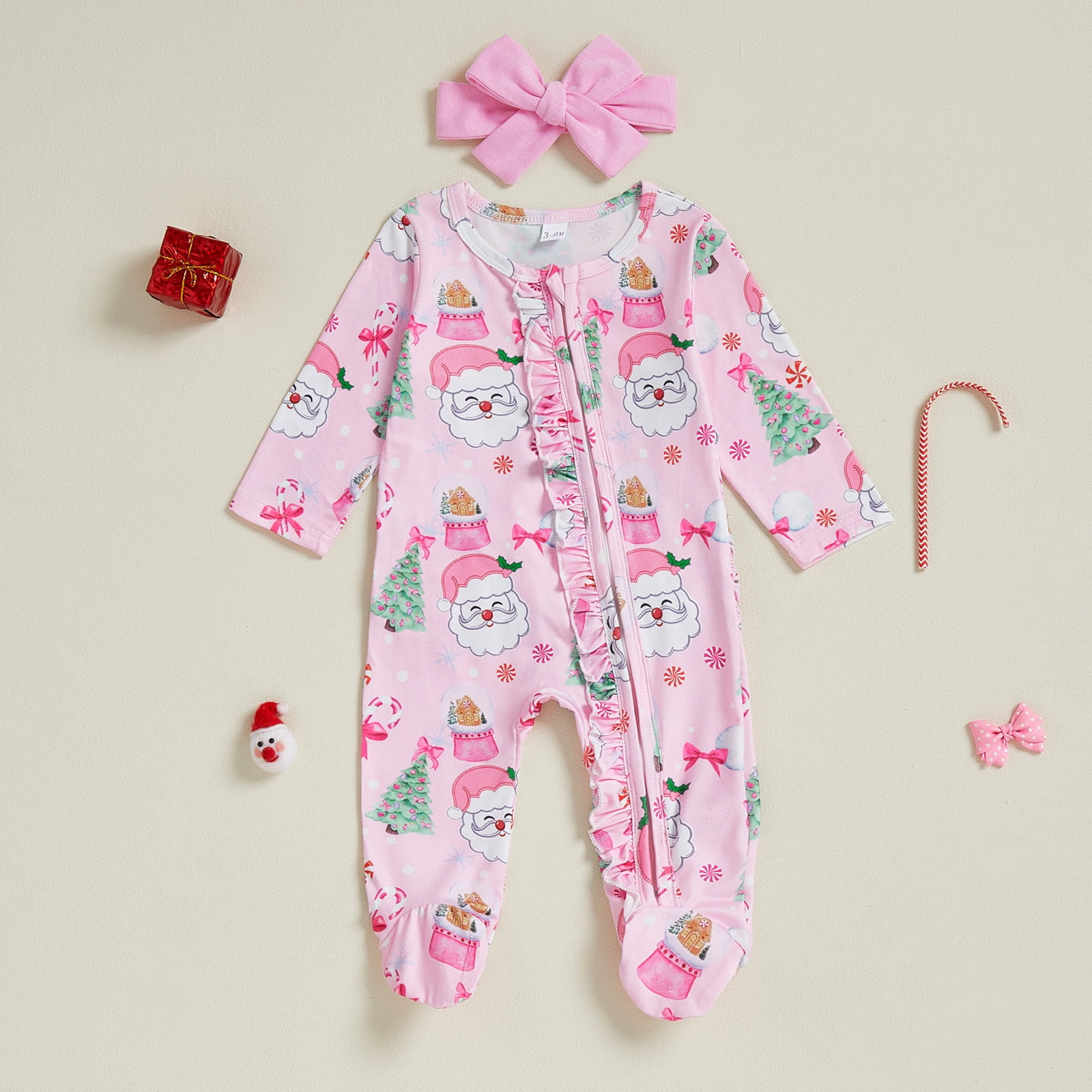 FYDUU Christmas Newborn Baby Girl Footies Romper Ruffle Long Sleeve Sleeper Zip Up Footed Pajamas Jumpsuit And Headband Coming Home Outfits Leisure Sweatsuits