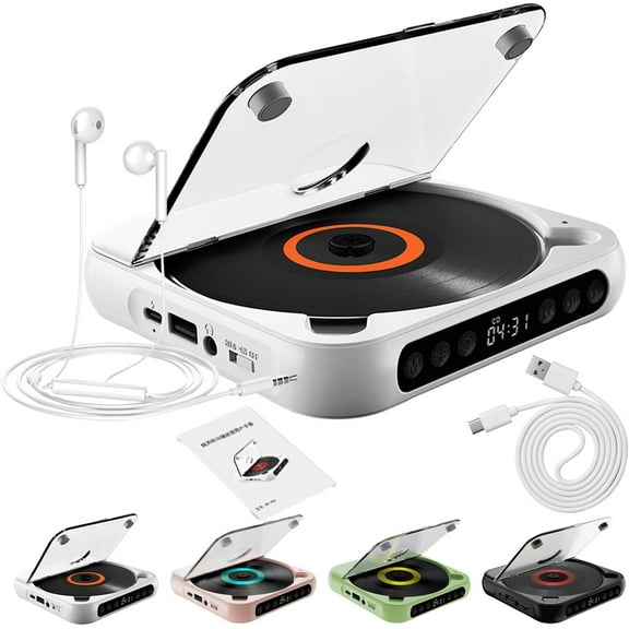Yuguz Portable CD Player, Small CD Player Compatible with Bluetooth Headphones, Supports CD/USB/BT and Repeat Modes, Mini Rechargeable CD-Players Walkman for Home, Office, Travel(White,White)