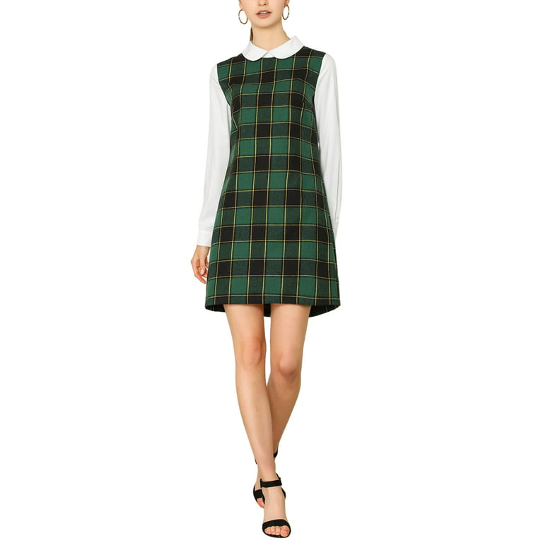 Buy Green 90% Cotton Checkered Pattern Peter Pan Collar Dress For