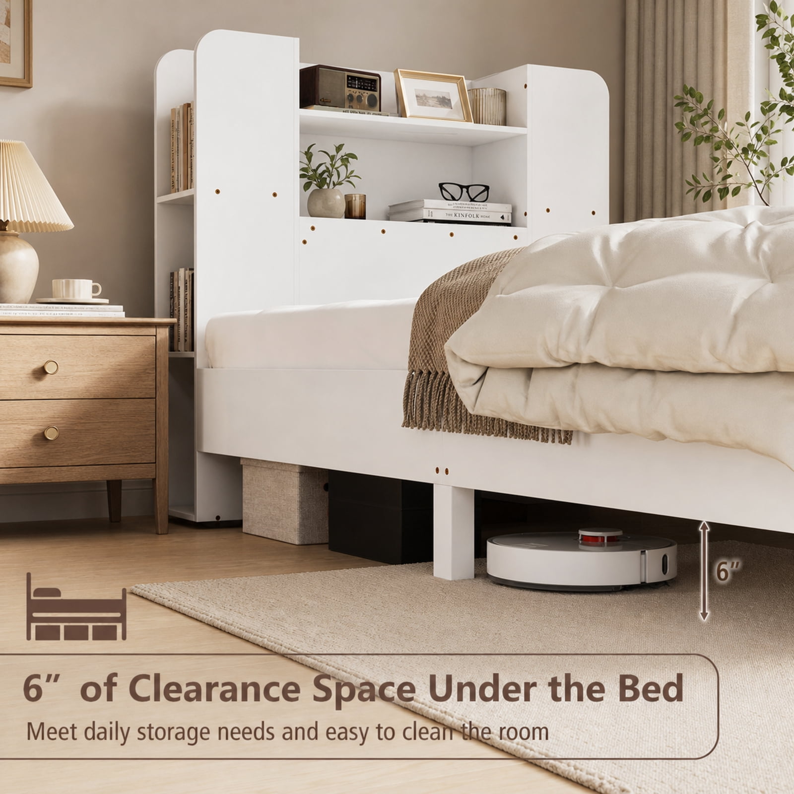 Furnibear Twin Platform Bed Frame with Built in Bookcase Headboard 2 Tier Shelf 6 Open Compartments Solid Wood Slats and No Box Spring Needed, White