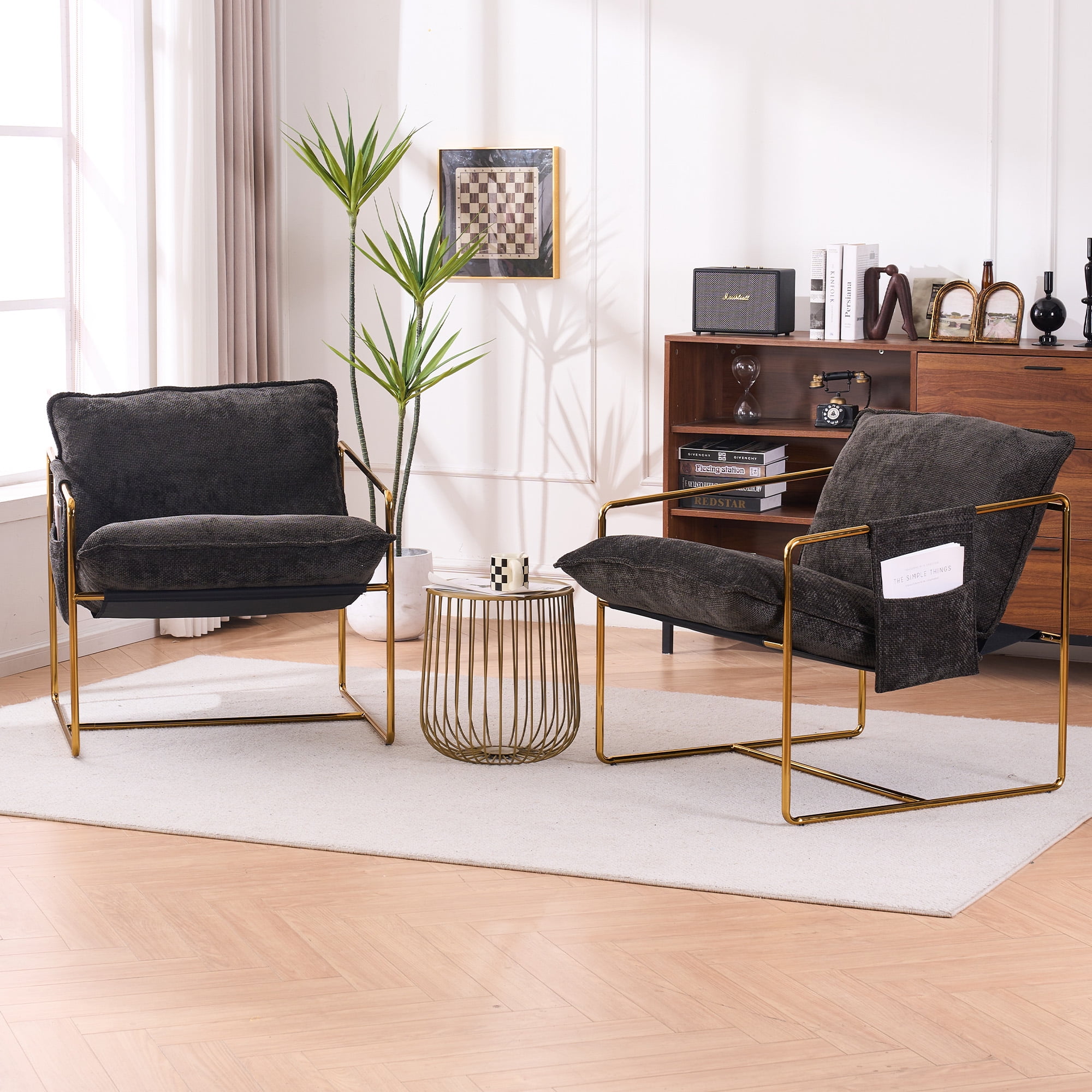 Aukfa Set of 2 Upholstered Sling Accent Chairs, Hanging Armchairs with Arm Pocket, Metal Frame & Crushed Foam Cushions for Living Room/Bedroom, Gray