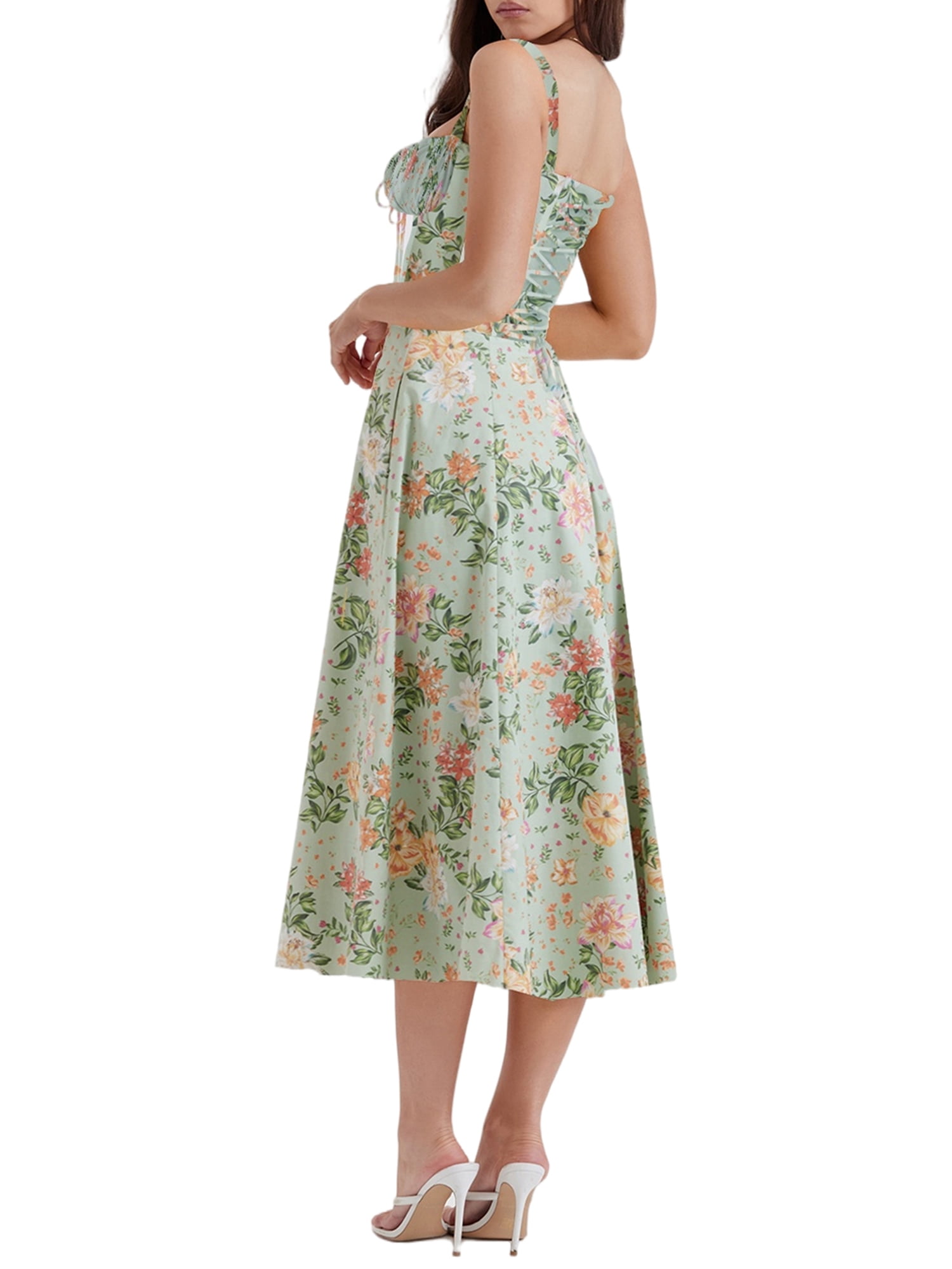Women Boho Floral Maxi Dress Spaghetti Strap Square Neck A