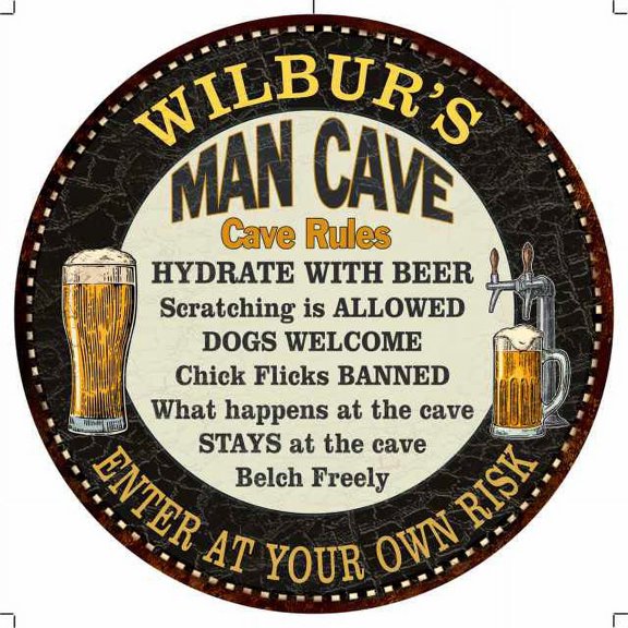 WILBUR'S Man Cave Rules 14" Round Metal Sign Garage Wall Decor 100140010363