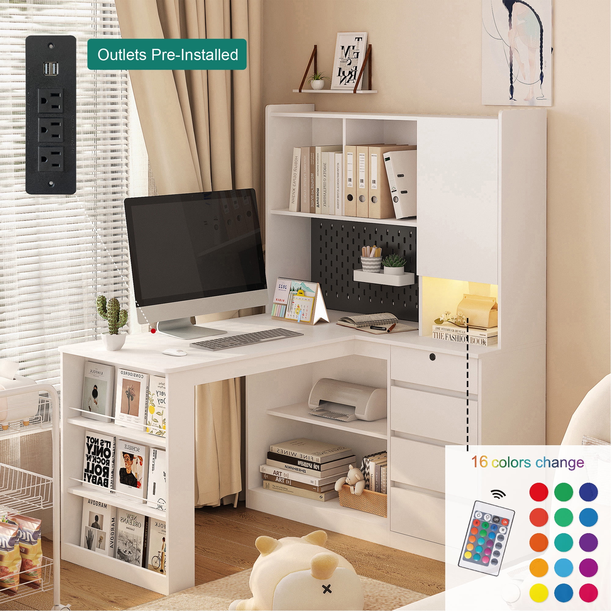 MDQMD L Shaped Computer Desk with 4 Drawers,White Home Office Desk with Power Outlet and Bookshelves,Corner Gaming Desk with Hutch