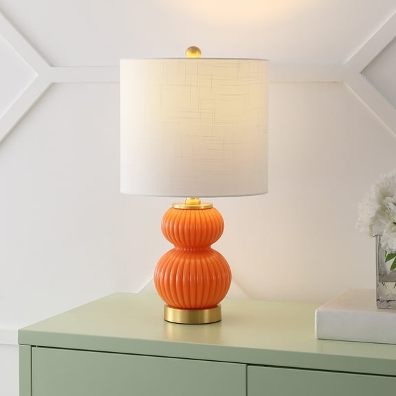 JONATHAN Y Daphne 20" Contemporary Transitional Metal/Glass Ribbed Gourd LED Table Lamp, Orange/Brass Gold, JYL1099E