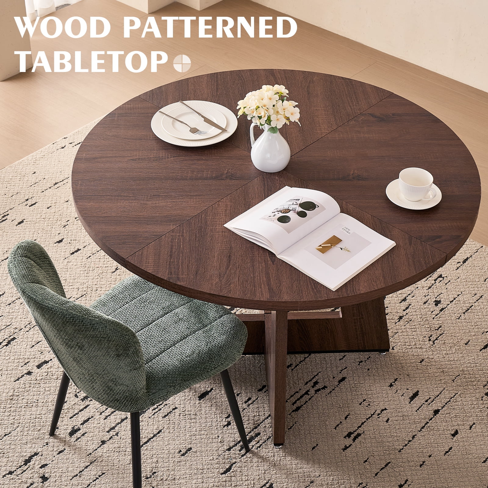 5 Piece 47" Round Dining Room Table Set for 4, [Fanned Base] [1.38" Thick Top] Wood Kitchen Table with 4 Green Chenille Dining Chairs