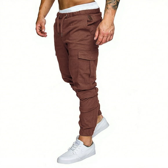 Pantalones largos para hombre, informales, de color liso, con bolsillos, cintura elástica, cordón ajustable y tobillos, deportivos, de poliéster.