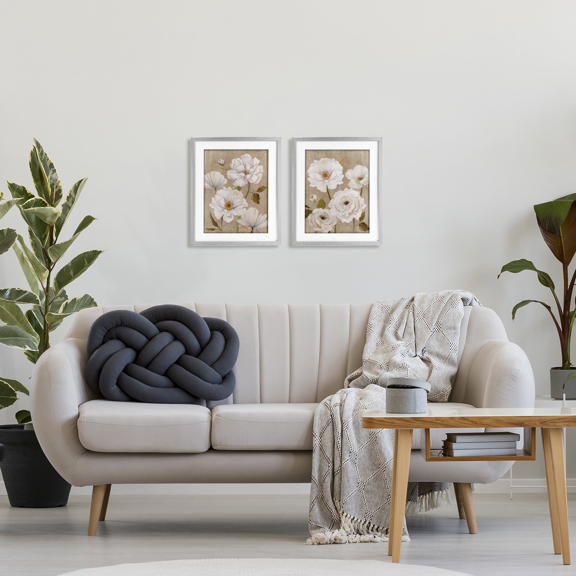 Stupell Industries White Blooms over Neutral 2 Piece Gray Framed Print Under Glass Set, design by Carol Robinson