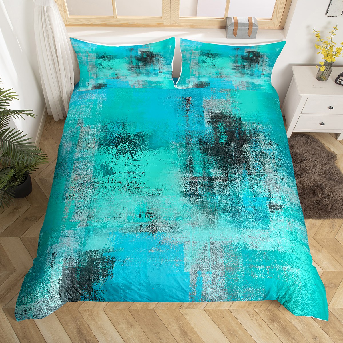 YST Teal Tie Dye Duvet Cover Queen Turquoise Ombre Bedding Set, Blue Abstract Grunge Comforter