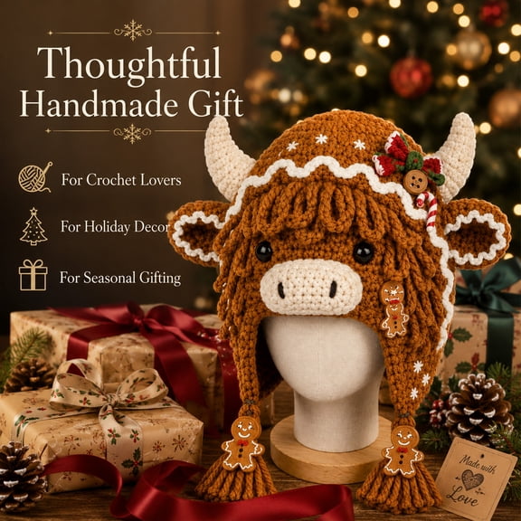 DIY Crochet Highland Cow Christmas Hat Kit Handmade Festive Earflap Winter Cap Making Set With Yarn And Crochet Hook For Adults Multicolor