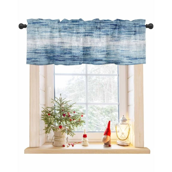 Vintage Blue Curtain Valance for Windows/Living Room/Kitchen/Bathroom/Café, Short Rod Pocket Tier Curtain Window Treatment Panel Retro Blue Ombre Modern Abstract Art Topper Curtain 42''x12''