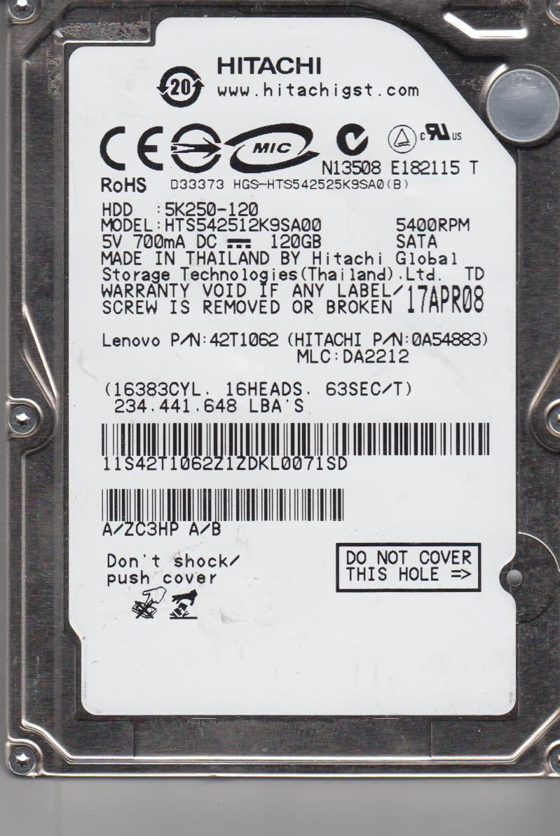 HTS542512K9SA00, PN 0A54883, MLC DA2212, Hitachi 120GB SATA