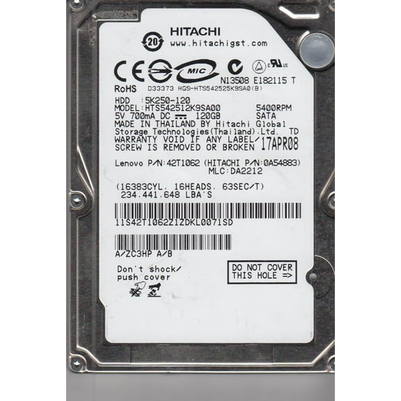 HTS542512K9SA00, PN 0A54883, MLC DA2212, Hitachi 120GB SATA 2.5 Hard Drive