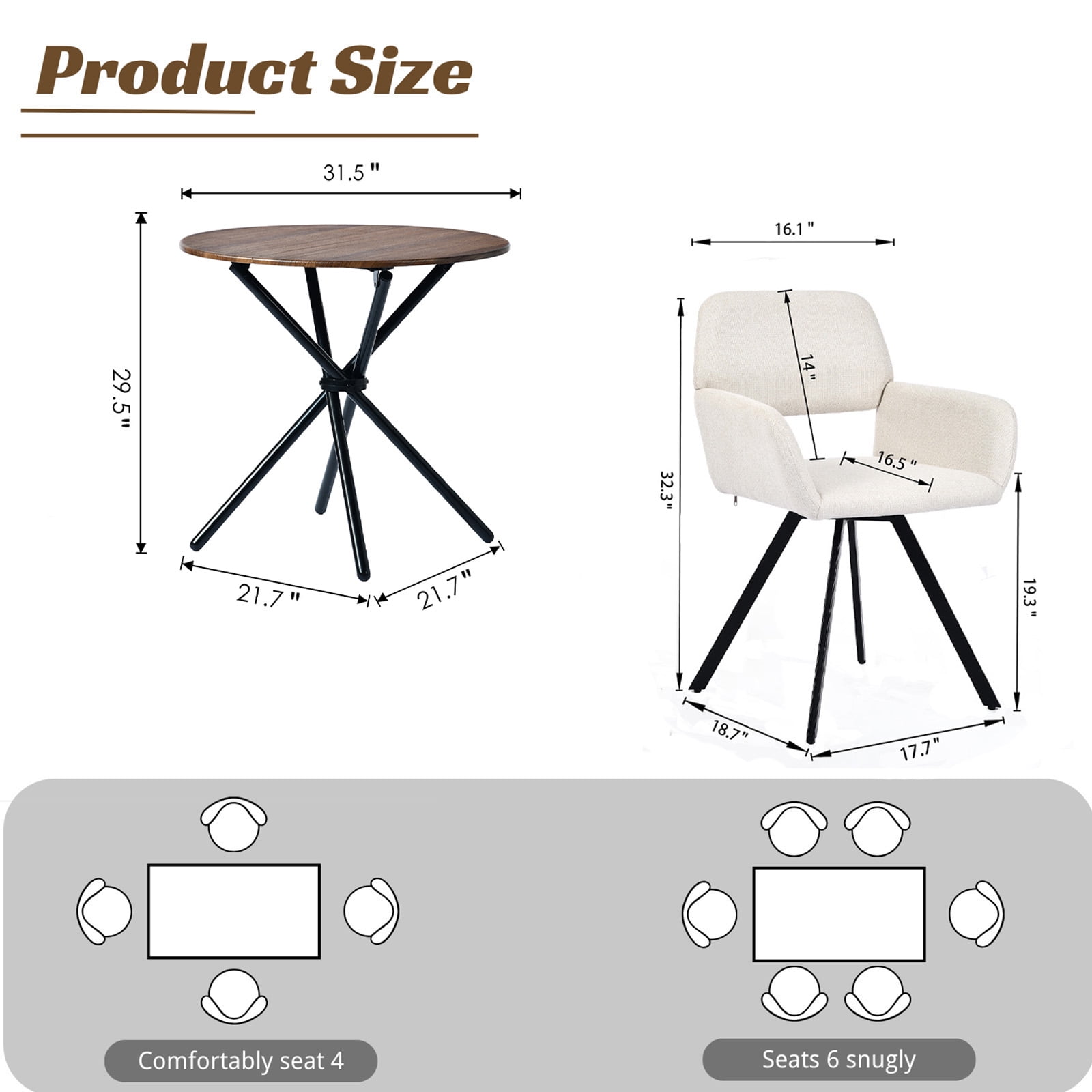 Ensemble de salle à manger moderne Homy Casa 3 pièces avec table ronde de 80 cm (31,5 pouces) imitation bois et 2 chaises pivotantes, style industriel, idéal pour les petits espaces