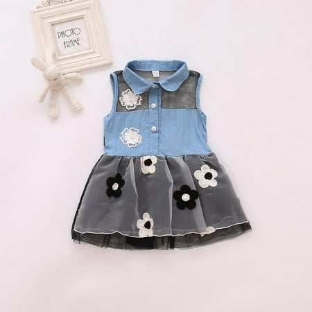 

Eleanos Child Baby Girl Sleeveless Floral Lace Denim Shirt Floral Net Yarn Princess Tutu Skirt