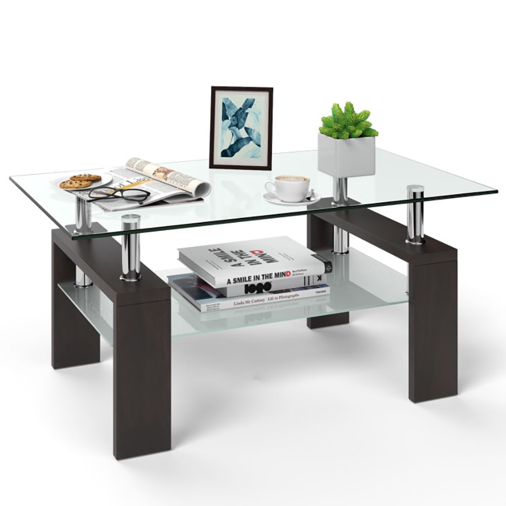 Finihen Glass Coffee Table, Rectangular Coffee Table, Rectangular Tempered Glass Coffee Table with Shelf, for Living Room, Reception Room, Brown Finihen Glass Coffee Table, Rectangular Coffee Table, Rectangular Tempered Glass Coffee Table with Shelf, for Living Room, Reception Room, Brown