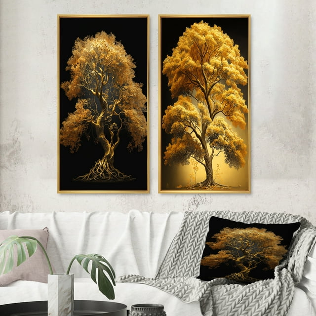 Designart "Majestic Golden Tree Standing Tall IV" Forest Framed Wall Art Set Of 2 - Traditional Yellow Framed Wall Art Set Of 2