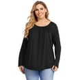 thumbnail image 2 of Women Plus Size Pleated Flowy Top 3/4 Roll Sleeve Casual Loose Blouse Round Neck Tunic Shirt Long Sleeve Black XL, 2 of 9