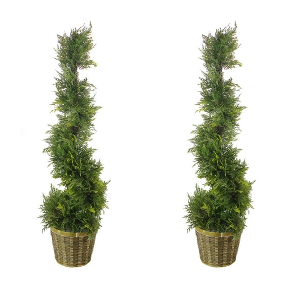 3' Artificial Cypress Leave Spiral Topiary Plant Tree in Basket , Green Set of 2