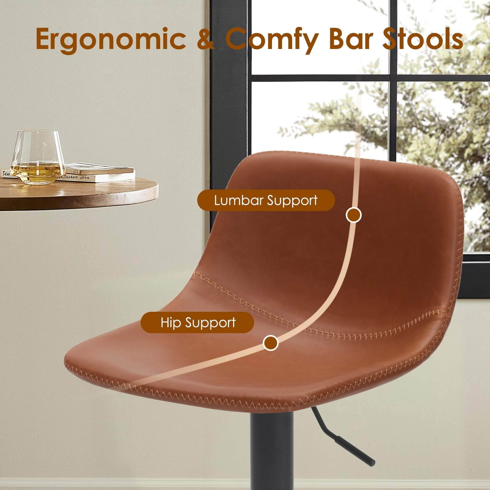 STARY Adjustable Bar Stools Set of 2, Modern Swivel Bar Stools, Bar Height Stools with Back Support, Pu Leather Bar Stool for Kitchen Island Counter