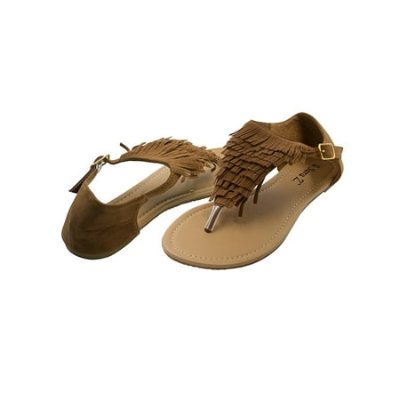 Kork Ease Suede Sandals - Sara Z Womens Microsuede Fringe T Strap Thong Sandal Size 7/8 Cognac