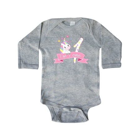 

Inktastic I m One- cute unicorn 1st birthday Gift Baby Boy or Baby Girl Long Sleeve Bodysuit