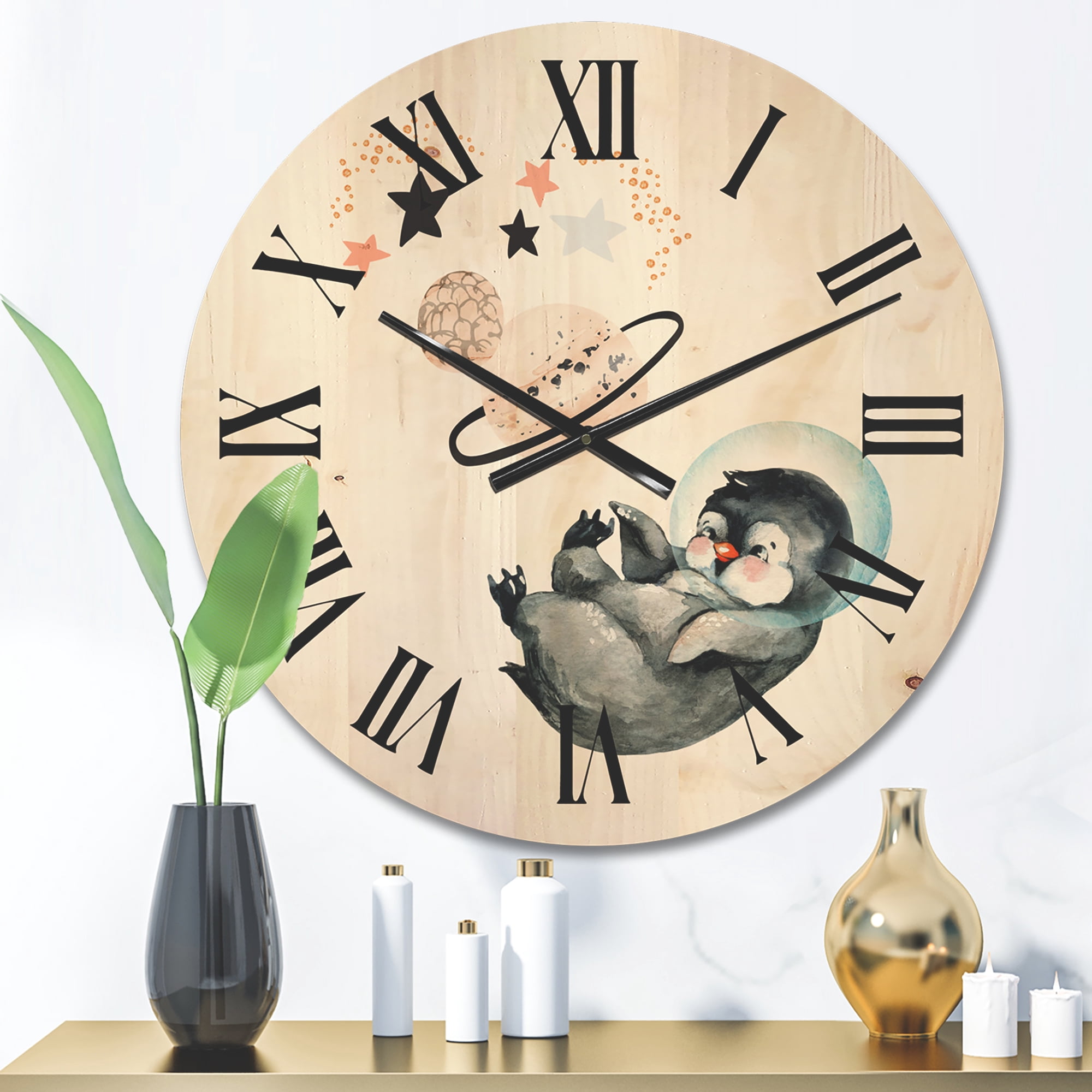 Designart 'Little Penguin With Planets and Stars I' Farmhouse Wood Wall Clock