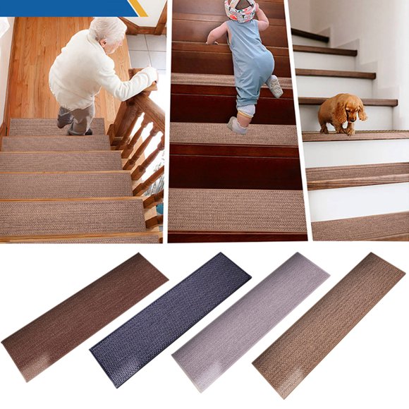 Cagogo under $5 4Pcs Stair Treads, Imitation Linen Stair Mat,Non-slip Carpet Stair Treads,Reusable Adhesive Stair Pads,Slip Resistive Indoor Runner,Sound Insulation Warmth Preservation Mat