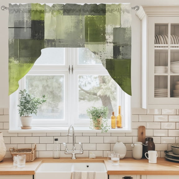 Chartreuse Block Swag Valance for Windows, Abstract Minimalist Olive Wash Ink Splatter Swag Curtains Valances for Small Window Treatment Rod Pocket for Kitchen Bathroom 1 Panel 56x36in